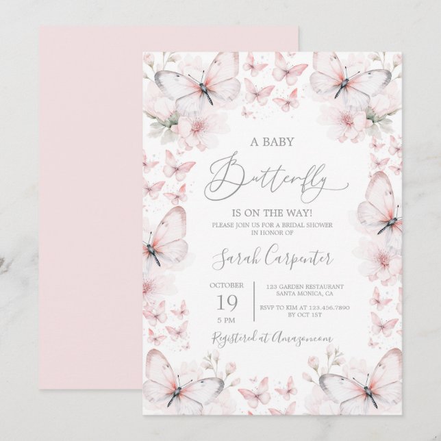 Rosa Butterfly Baby Shower Girl-inbjudan Inbjudningar (Fram/baksida)