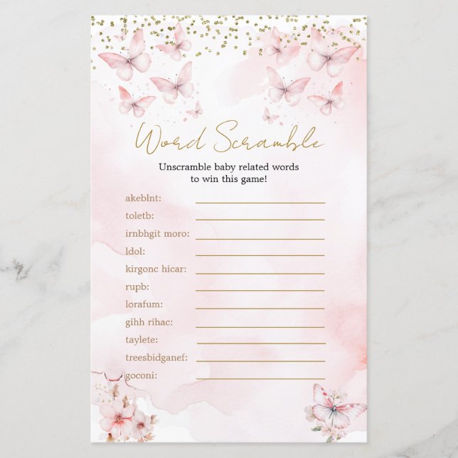 Rosa Butterfly Baby Shower Girl Ord Scramble Game (Framsida)