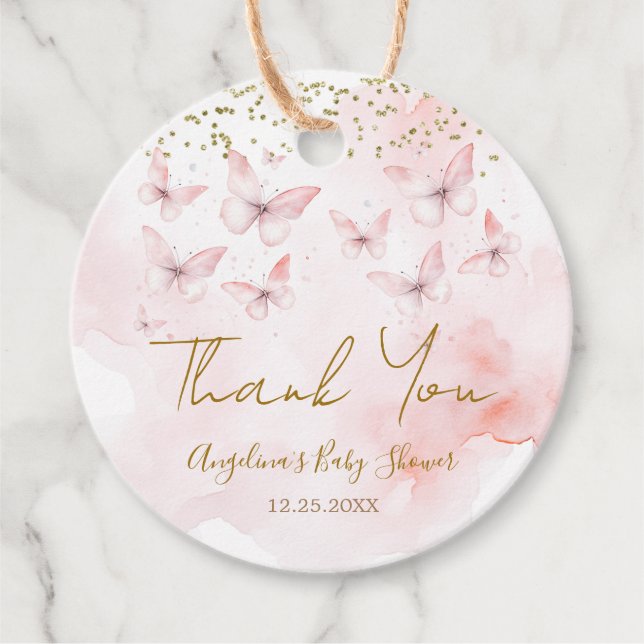 Rosa Butterfly Baby Shower Girl Tack Gåvor Etiketter (Framsida)