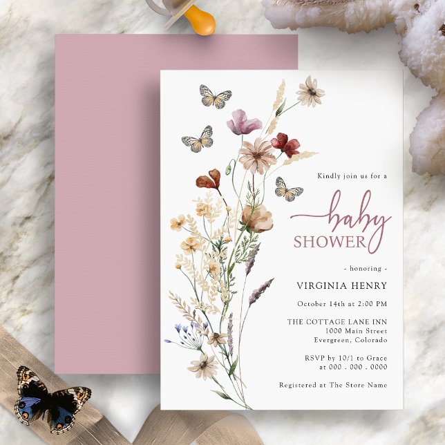 Rosa Butterfly Baby Shower Inbjudningar (Pink Boho Wildflower Butterfly Baby Shower Invitation by Painted Paperie
)