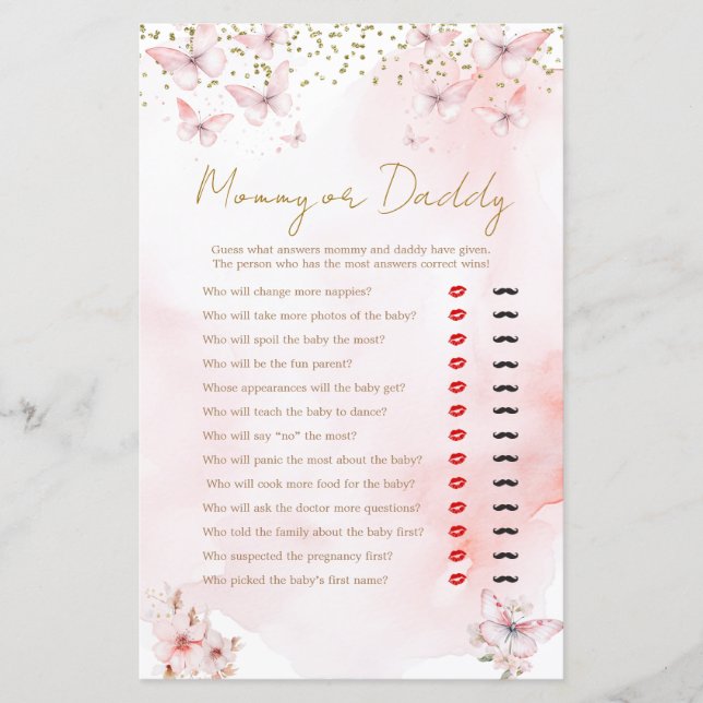 Rosa Butterfly Baby Shower Mamma eller pappa Game (Framsida)