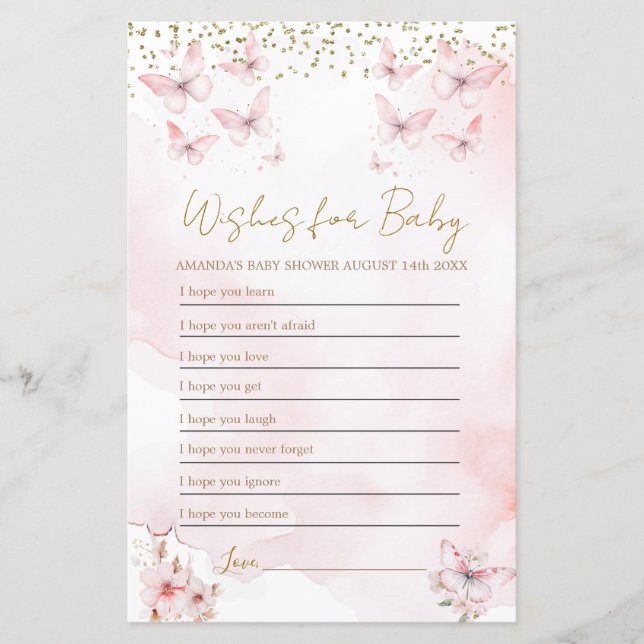 Rosa Butterfly Baby Shower Önskemål för Baby-spel (Framsida)