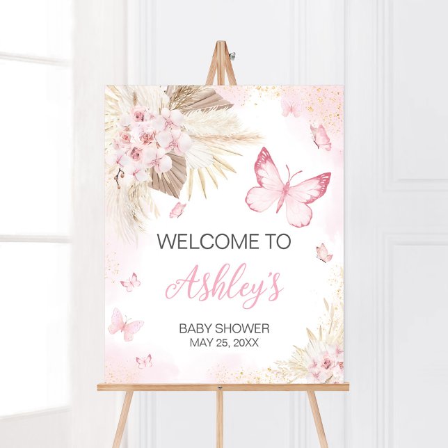 Rosa Butterfly Baby Shower Välkommen Poster (Girl Butterfly Pampas Grass Baby Shower Welcome Sign)