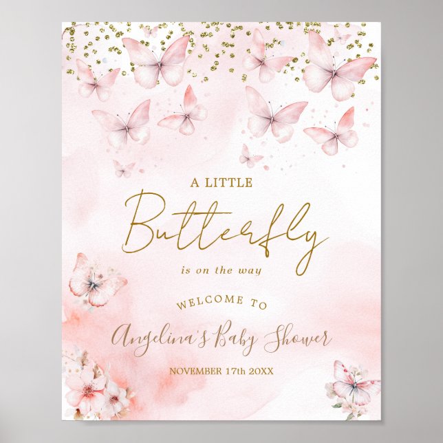 Rosa Butterfly Baby Shower Välkommen Poster (Framsidan)