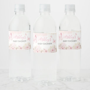 Rosa Butterfly Baby Shower Vattenflaskor Etikett