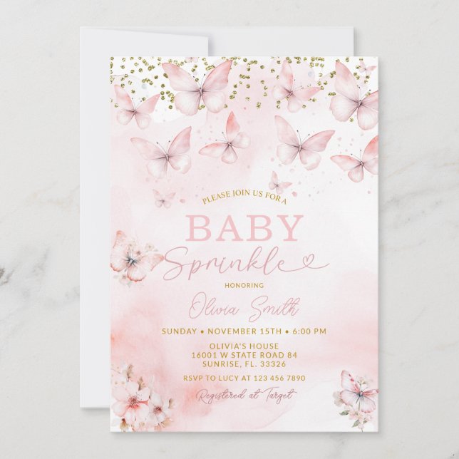 Rosa Butterfly Baby Sprinkle Girl-inbjudan Inbjudningar (Framsida)