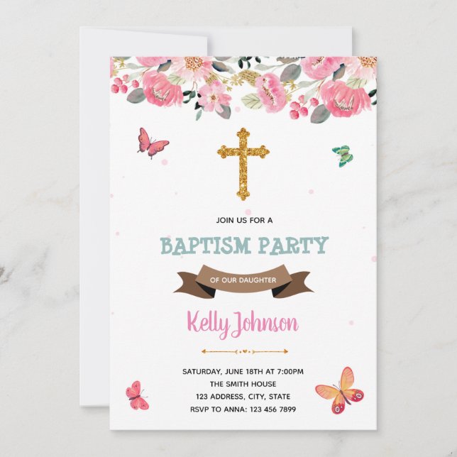 Rosa butterfly baptism Party-inbjudan Inbjudningar (Framsida)