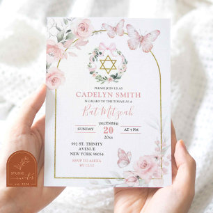 Rosa Butterfly Bat mitzvah Blommigt Inbjudningar