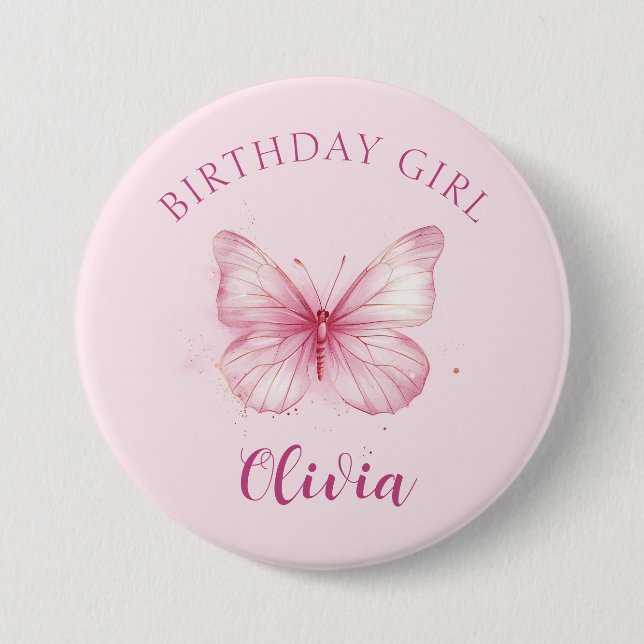 Rosa Butterfly Birthday Girl Badge Knapp (Framsida)