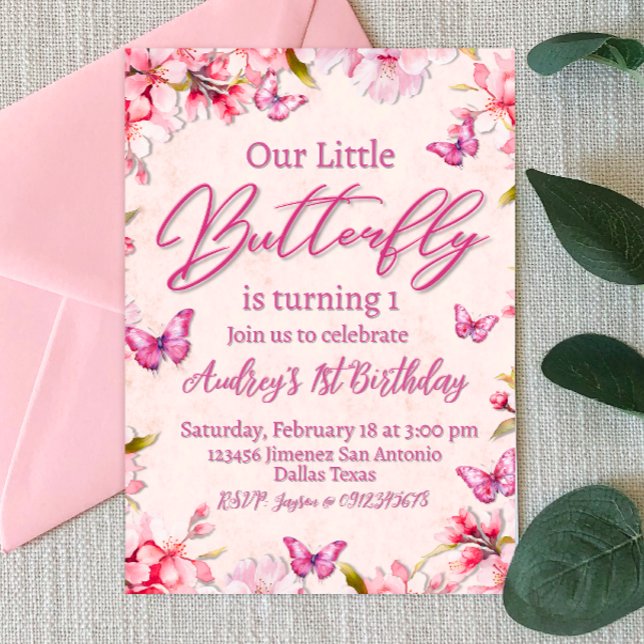 Rosa Butterfly Blommigt Girl Birthday Inbjudningar (Pink Butterfly Floral Girl Birthday Invitation)