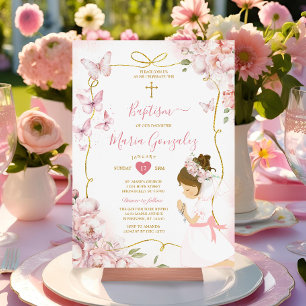 Rosa Butterfly Blommigt Girl Girl Praying Guld Bap Inbjudningar