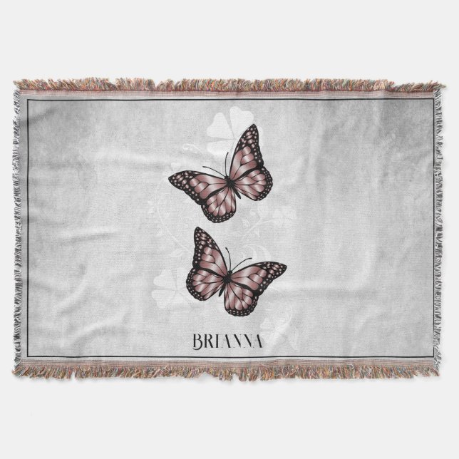 Rosa Butterfly Blommigt Personlig Throw Blanket Filt (Framsidan)