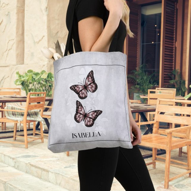 Rosa Butterfly Blommigt Personlig Tote Bag Tygkasse (Pink Butterfly Floral Personalized Tote Bag)