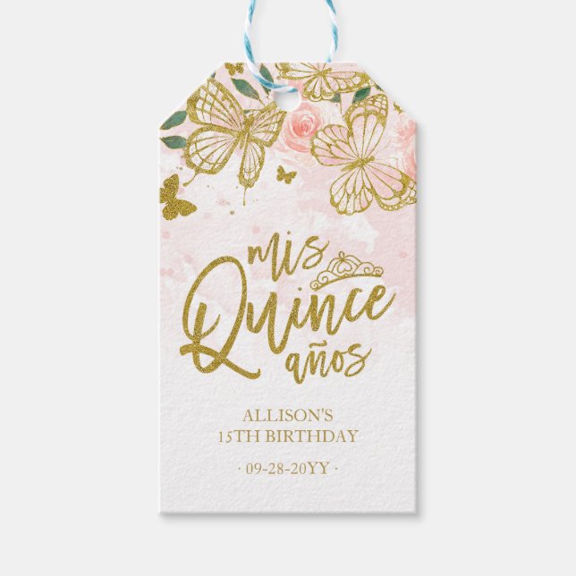  Rosa Butterfly Blommigt Quinceanera Party Presentetikett (Framsidan)