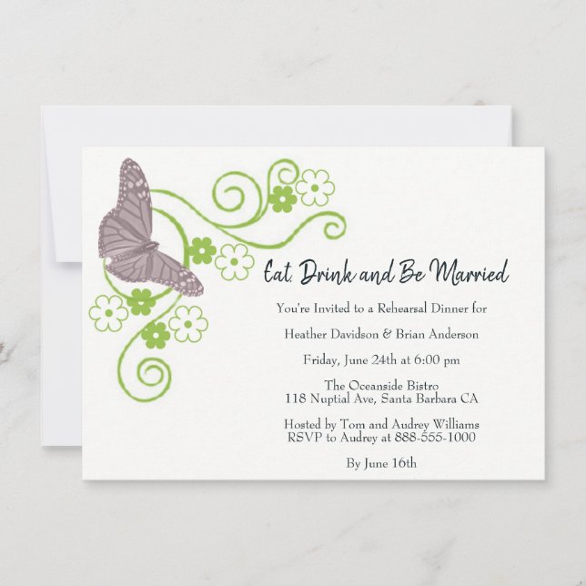Rosa Butterfly Blommigt Rehearsal Dinner Inbjudan (Framsida)