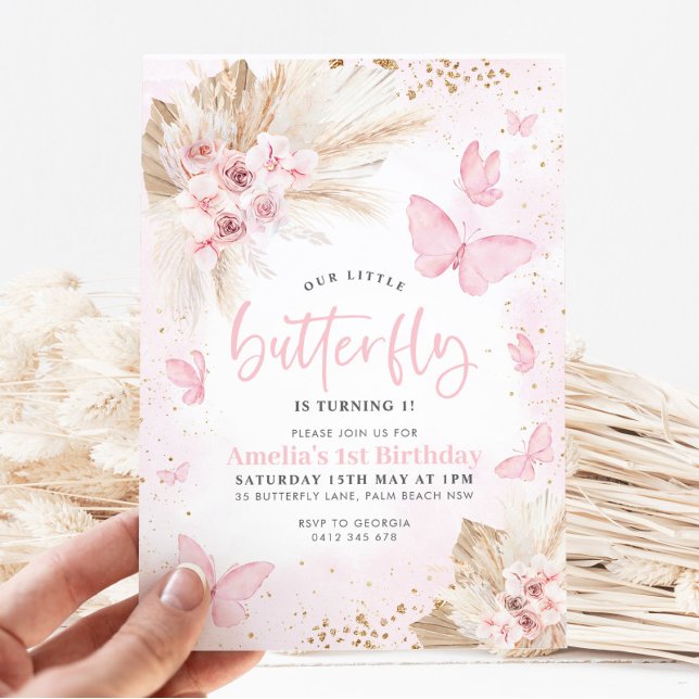 Rosa Butterfly Boho Flowers 1st Birthday Blommigt Inbjudningar (Skapare uppladdad)