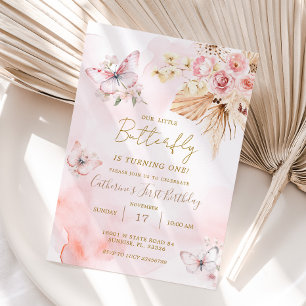 Rosa Butterfly Boho Flowers 1st Birthday Blommigt Inbjudningar