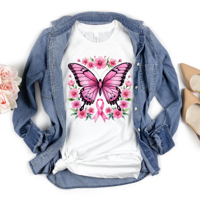 Rosa Butterfly Breast Cancer Awareness Ribbon T Shirt (Pink Butterfly Pink Ribbon Breast Cancer Awareness Survivor Warrior T-shirt for her)