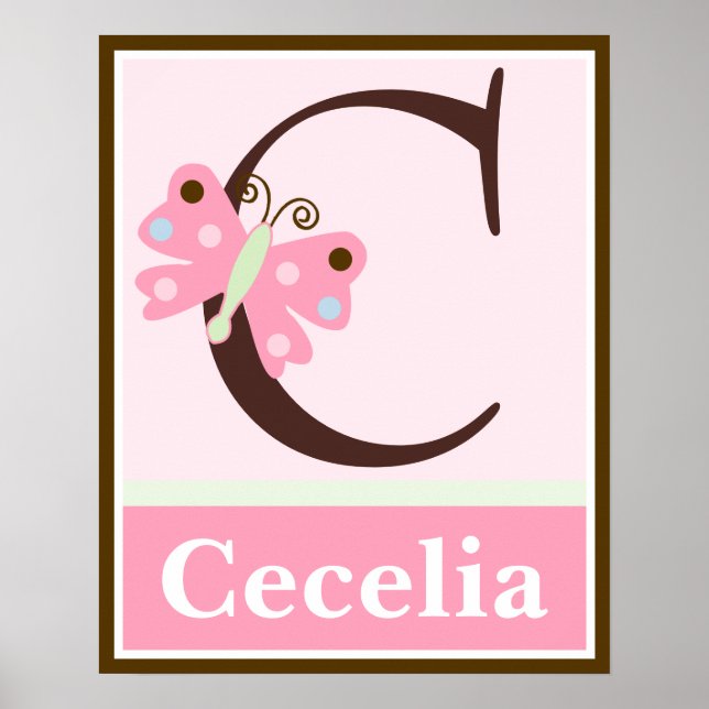 Rosa Butterfly Brev & Namn Wall Art Poster (Framsidan)