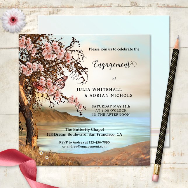 Rosa Butterfly Cherry Blommar Förlovning  Inbjudningar (Engagement invitation featuring a painting of an ocean with a cherry blossom tree and butterflies)