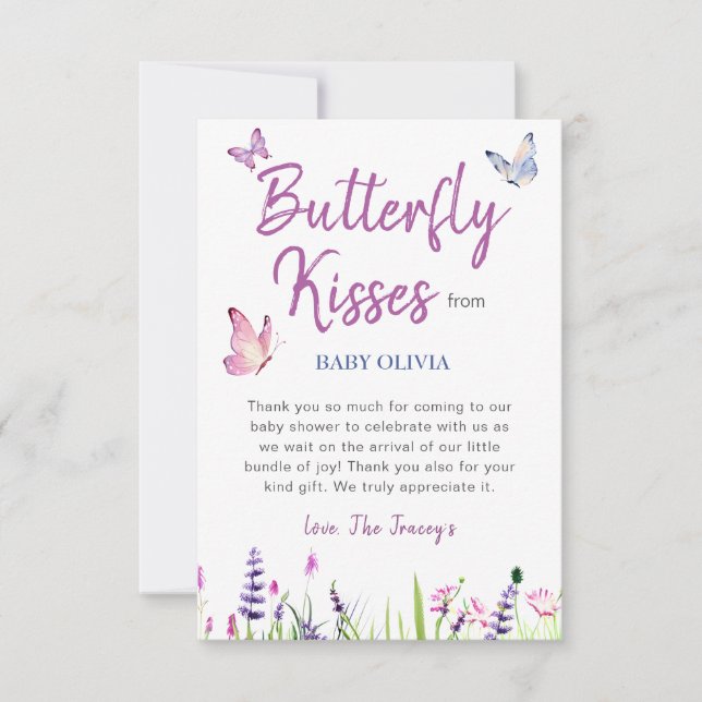 Rosa Butterfly Cute Lila Girl Baby Shower Tack Kort (Framsida)