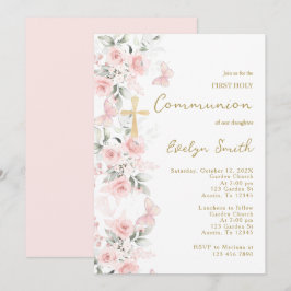 Rosa Butterfly First Communion Girl Inbjudningar