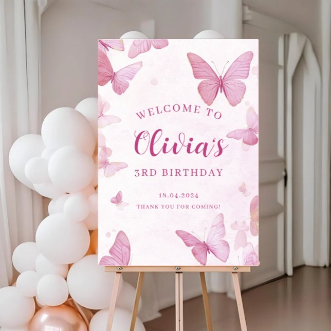 Rosa Butterfly Födelsedagsfest Välkommen Poster (Skapare uppladdad)