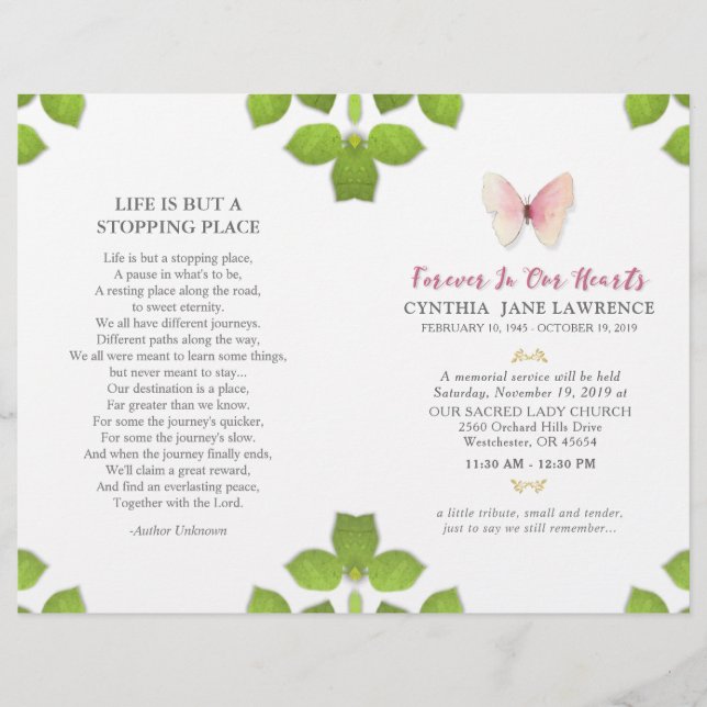 Rosa Butterfly Funeral Memorial Service Program (Framsida)