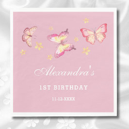 Rosa Butterfly Girl 1:a födelsedagen Party Pappersservett