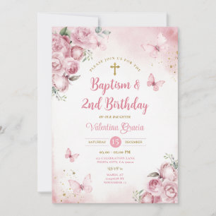 Rosa Butterfly Girl 2nd Birthday Baptism Flowers Inbjudningar