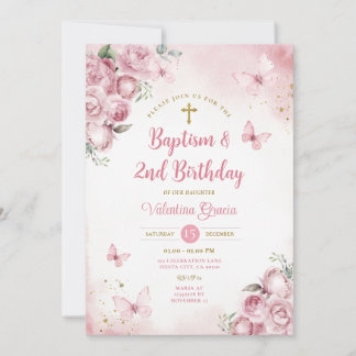 Rosa Butterfly Girl 2nd Birthday Baptism Flowers Inbjudningar