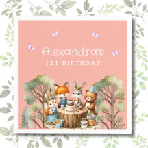 Rosa Butterfly Girl Woodland Animals 1:a födelseda