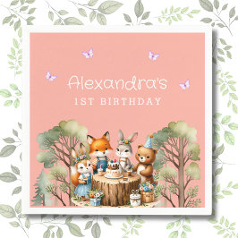 Rosa Butterfly Girl Woodland Animals 1:a födelseda Pappersservett