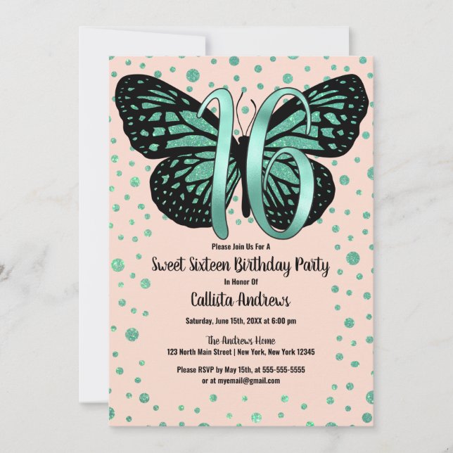 Rosa Butterfly Glitter Confetti Sweet 16 Inbjudningar (Framsida)