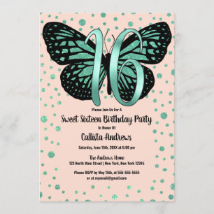 Rosa Butterfly Glitter Confetti Sweet 16 Inbjudningar