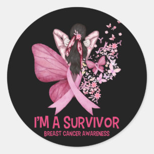 Rosa Butterfly Heart Jag är en Survivor Breast Can Runt Klistermärke