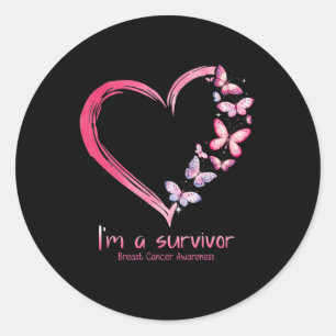 Rosa Butterfly Heart Jag är en Survivor Breast Can Runt Klistermärke