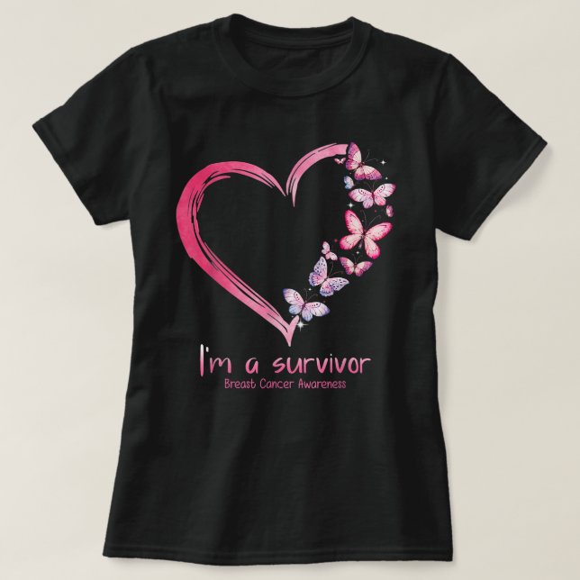 Rosa Butterfly Heart Jag är en Survivor Breast Can T Shirt (Design framsida)