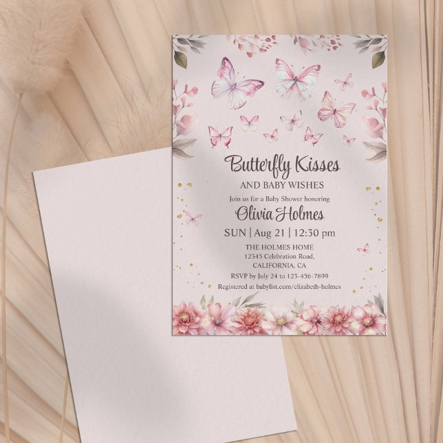 Rosa Butterfly Kisses Flicka Shower-inbjudan Inbjudningar (Pink Butterfly Kisses Baby Girl Shower Invitation)
