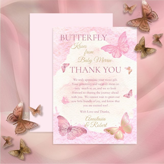 Rosa Butterfly Kisses Girl Baby Shower Tack Kort (Skapare uppladdad)