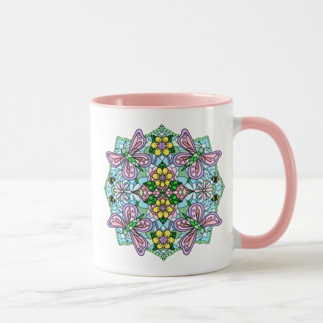 Rosa Butterfly Mandala Whimsical Hand plockade Mugg (Höger)