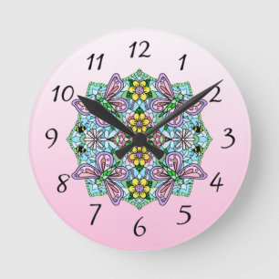 Rosa Butterfly Mandala Whimsical Hand plockade   Rund Klocka