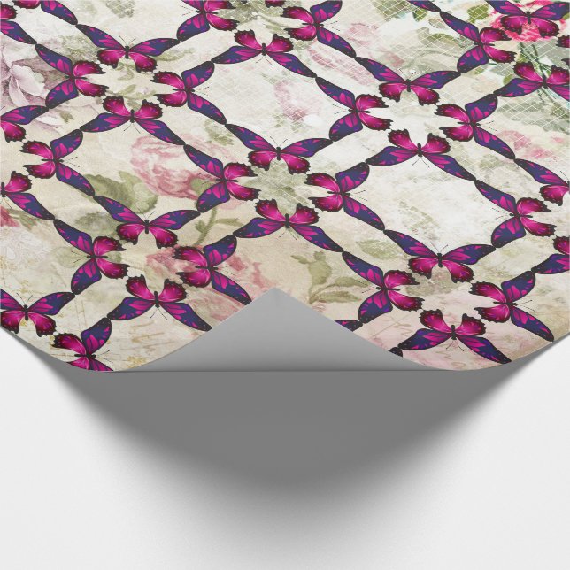 Rosa Butterfly Mönster på Shabby Vintage Ro Presentpapper (Hörn)