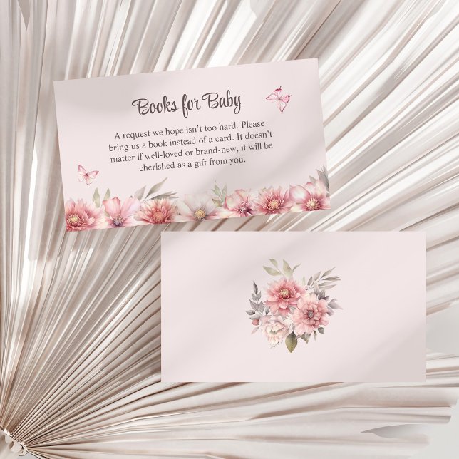 Rosa Butterfly och Blomsterträdgård Bokar för Baby Tilläggskort (Pink Butterfly and Flower Garden Books for Baby Enclosure Card on a white dry palm leaf.)