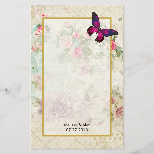 Rosa Butterfly och Shabby Vintage Ro Anpassningsba Brevpapper (Framsida)