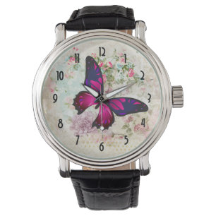 Rosa Butterfly och Shabby Vintage Ro Armbandsur