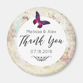 Rosa Butterfly och Shabby Vintage Ro Bröllop Magnet