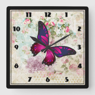 Rosa Butterfly och Shabby Vintage Ro Fyrkantig Klocka