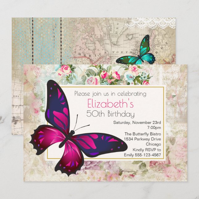Rosa Butterfly på en Vintage Collage Birthday Inbjudningar (Fram/baksida)