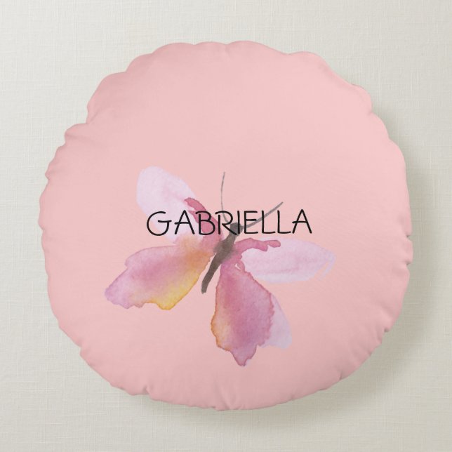 Rosa Butterfly Personlig Namn Rund Kudde (Framsidan)